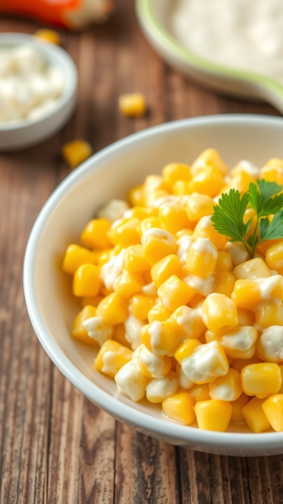 A bowl of creamy corn with cream cheese, garnished with parsley, on a rustic wooden table.
